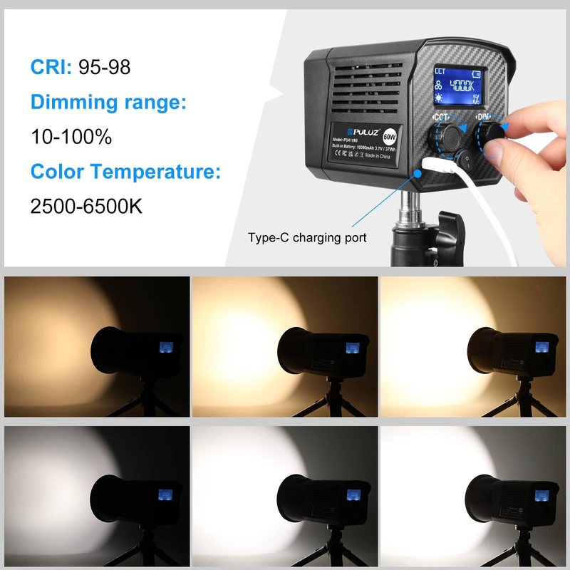 PULUZ 60W Studio Video Light 2500K-6500K Dual Color Temperature Professionele Fotografie Invullicht (Zwart)_voghion.com