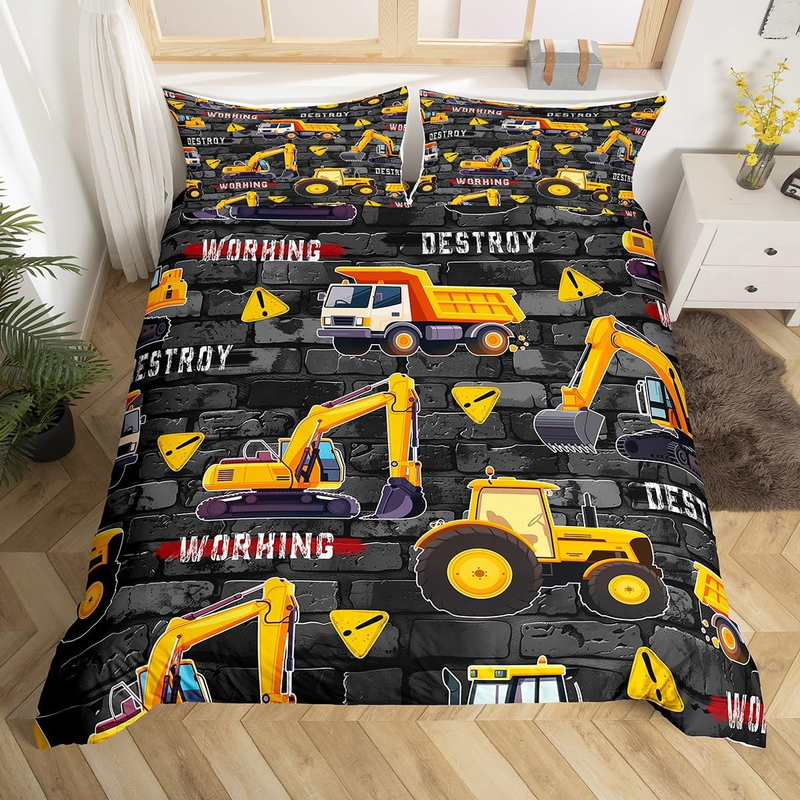Excavator Duvet Cover Set Double Size For Kids Boys Teens Construction Vehicles Bedding Set Equipment Trucks Comforter Cover With 2 Pillowcases _voghion.com
