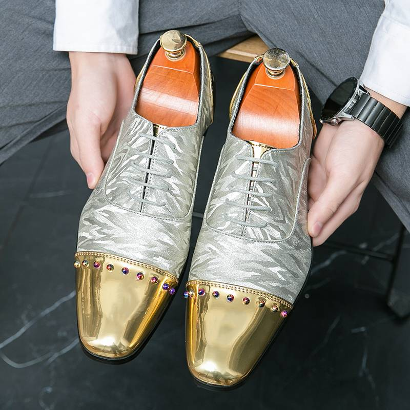 Men's New Style Gold Color Patent Leather Glossy Business Formal Wear Men's Shoes Casual Banquet Dress Men's Shoes Lace-up Banquet Dress Dance Shoes_voghion.com