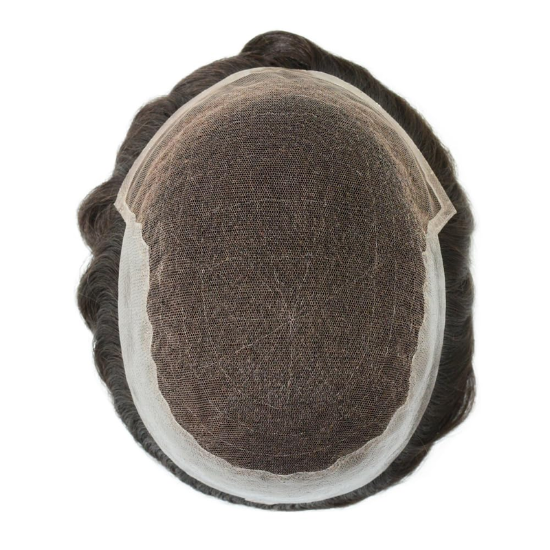 Q6 Toupet für Männer, 100 % Echthaar, französische Spitze vorne, Poly-Haut, gebleichtes Haarersatzsystem, Herrenperücken, dunkelbraune Farbe Nr. 2_voghion.com