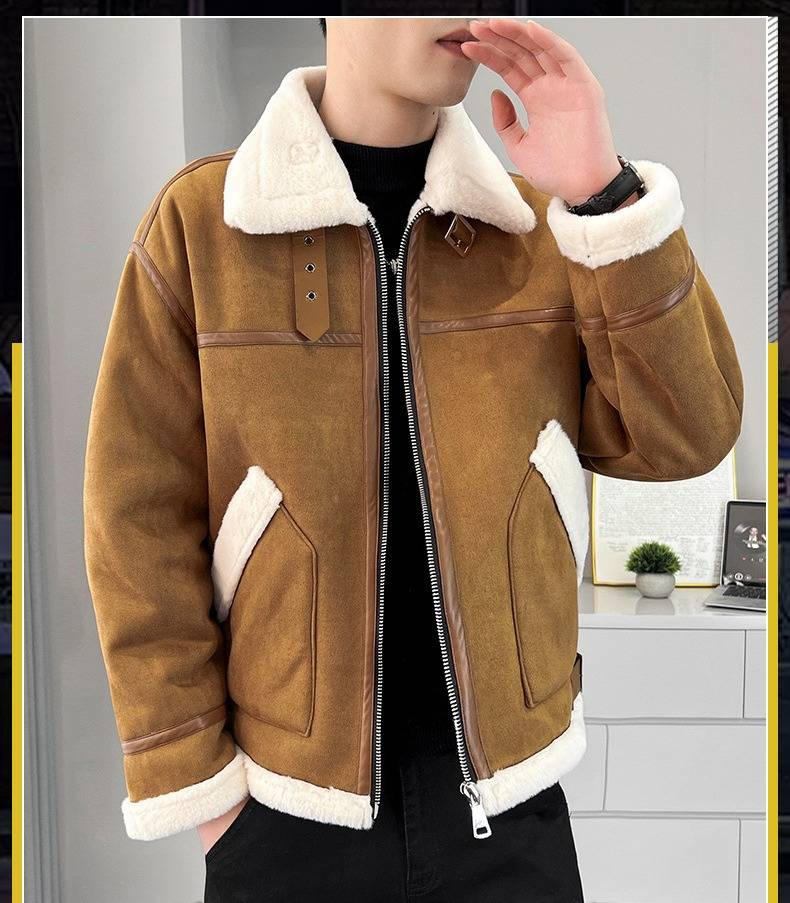 Men's Faux Shearling Lamb Fur Jacket Winter Loose Fit Stand Collar Motorcycle Coat Fleece Lined Thick Warm_voghion.com