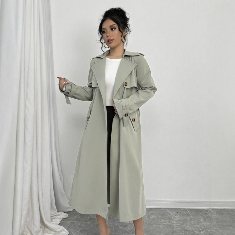 Norns Girl Women's Long Trench Coat – Korean-Inspired British Style Belted Overcoat With Stand Collar (Light Green, S-XL)_voghion.com