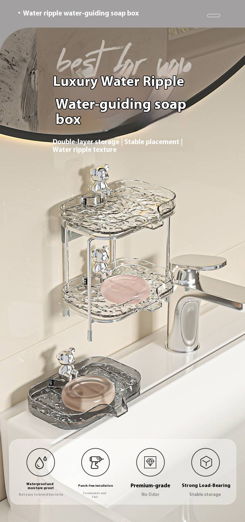 Transparente Seifenschale zur Wandmontage mit Abfluss – Badezimmer-Organizer ohne Bohren (platzsparend, modernes Design, ein-/doppellagig, durchsichtig/grau)_voghion.com