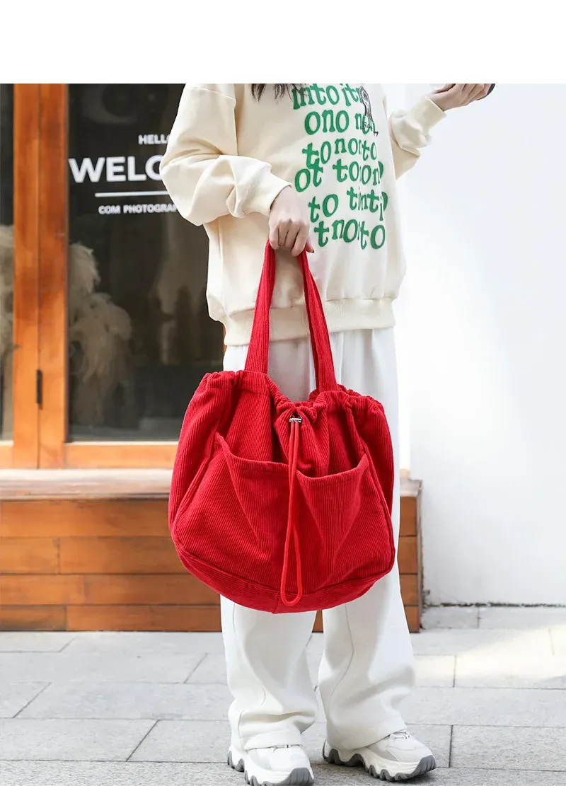 Borse casual semplici Borsa a tracolla in velluto a coste per studenti adolescenti Borsa da donna grande con coulisse Borsa per la spesa da donna_voghion.com
