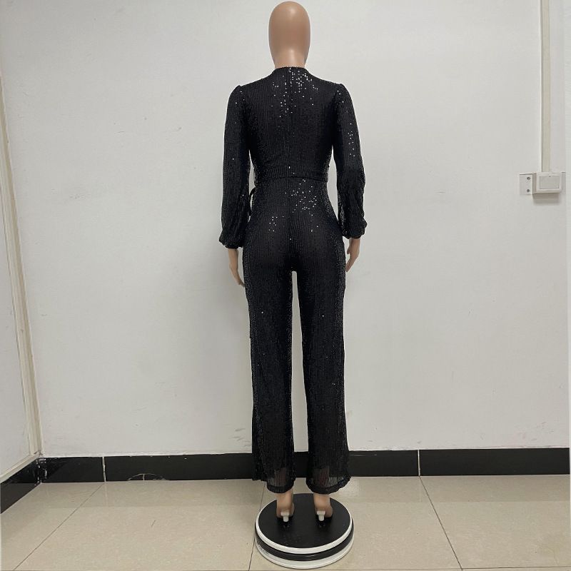 Damkläder Ins Style Deep V Mode Casual Jumpsuit Långärmat Bälte Paljett Jumpsuit Dam_voghion.com