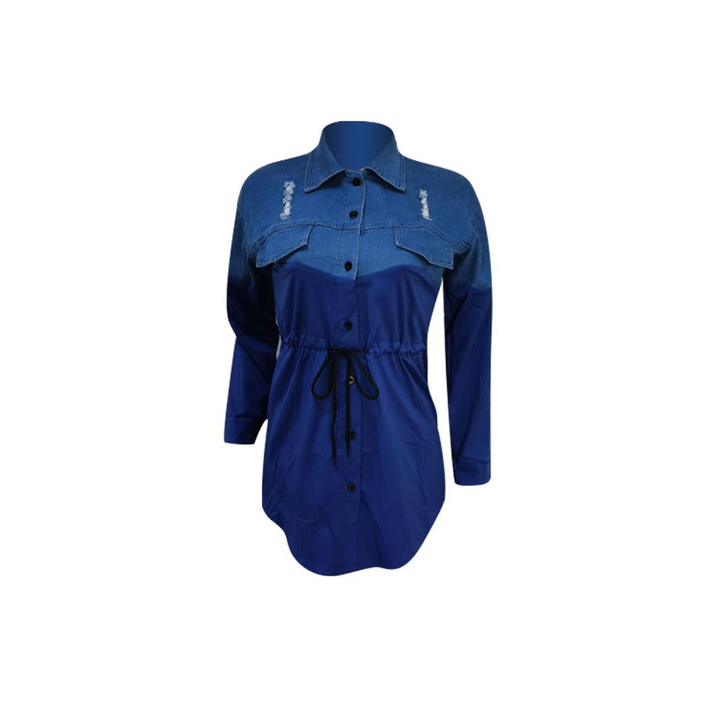 Moda femminile Camicia in denim alla moda con gonna slim fit allacciata_voghion.com