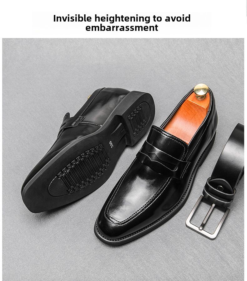 Fashionable casual Inner height increasing leather shoes men's outer wear slip-on business lazy shoes retro solid color pointed single-layer shoes_voghion.com