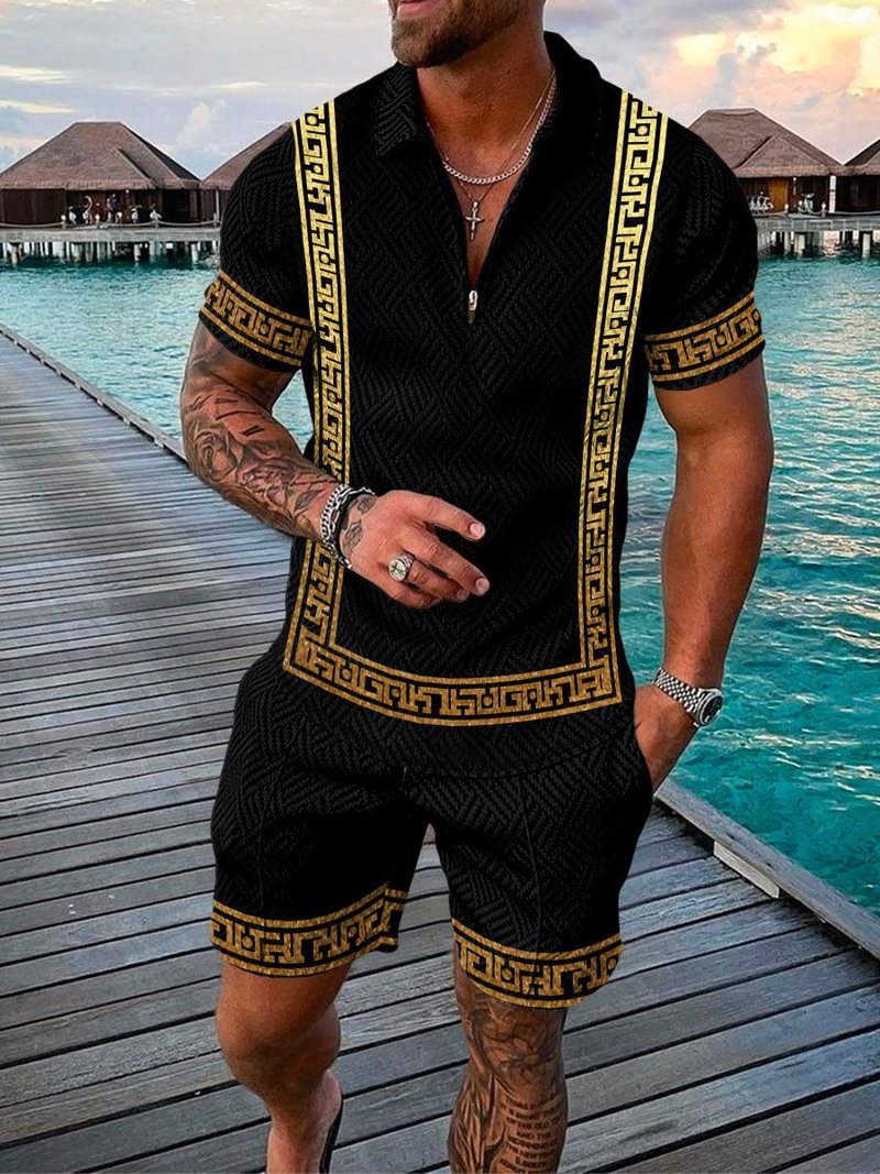 Ensemble 2 pièces décontracté pour hommes, polo à manches courtes et short avec fermeture éclair imprimée en 3D_voghion.com