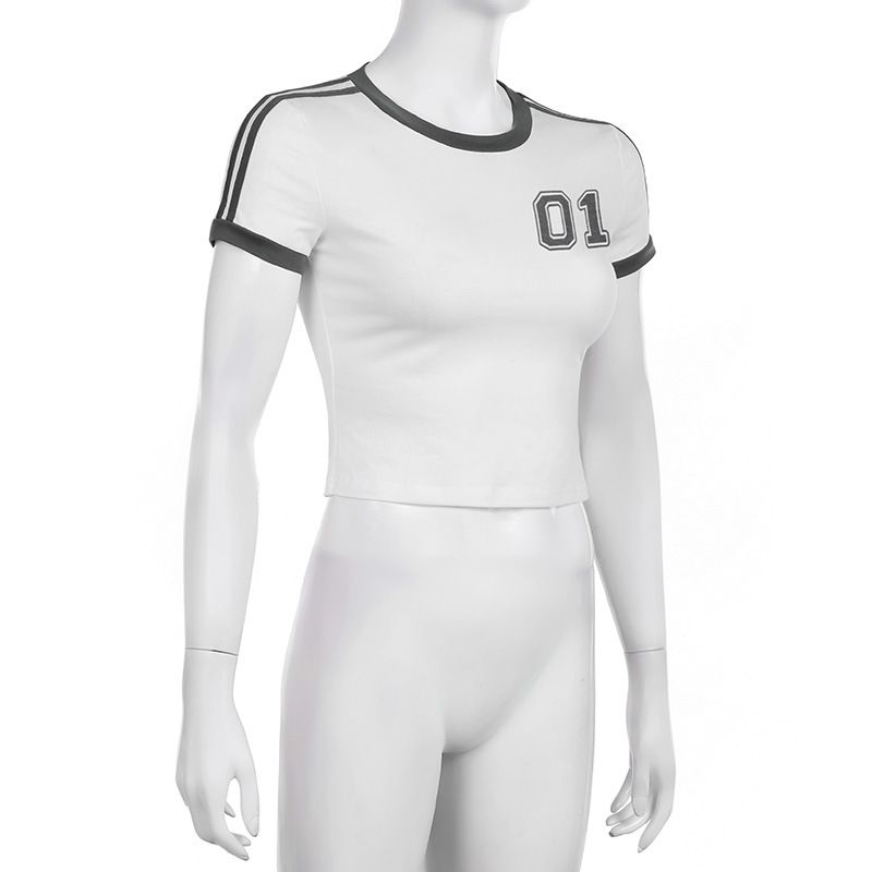 T-shirt da donna in stile retrò americano, vestibilità slim, girocollo, manica lunga, stampa a righe – Tessuto in maglia confortevole con design a blocchi di colore_voghion.com