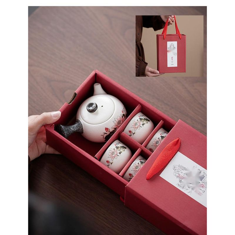 Kung-Fu-Set, Box mit einer und vier Tassen, kleines Set, Teekanne aus Keramik, Geschenk für Geschäftsveranstaltungen, Hochzeitsbegleitergeschenk_voghion.com