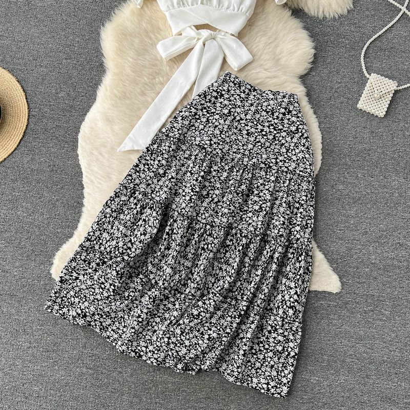 Dameklær Sexy hot girl retro fritidsdress kvinners kort firkantet halsrem topp + høy midje stort swing skjørt todelt dress_voghion.com