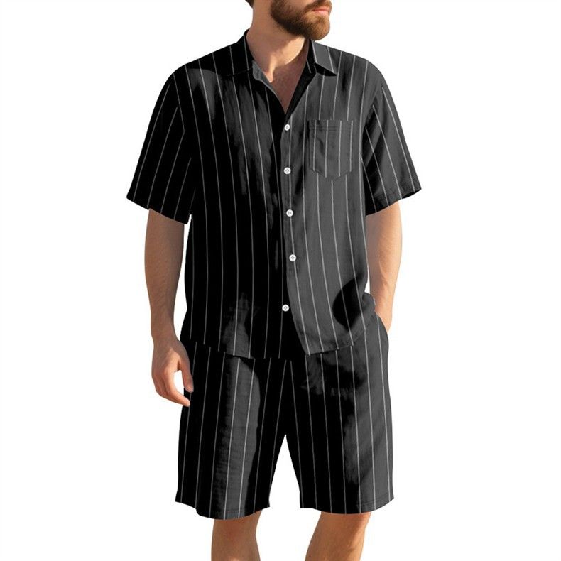 Vêtements pour hommes, costume d'été en lin pour hommes, chemise ample à manches courtes à rayures, short de plage, costume deux pièces_voghion.com