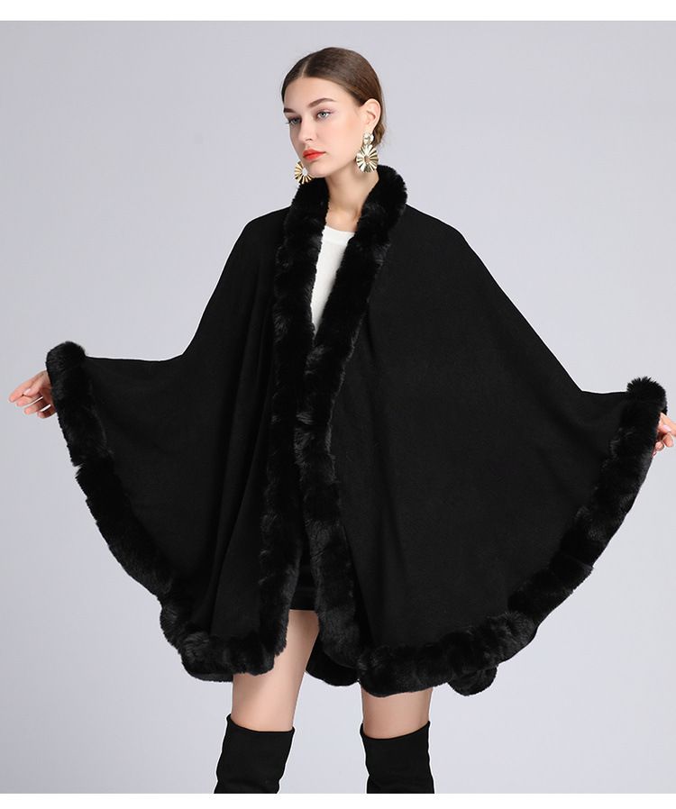 Fur Collar Cape Ladies Large Size Knitted Cardigan Loose Coat Artificial Fur Fashionable And Warm Shawl Cape_voghion.com