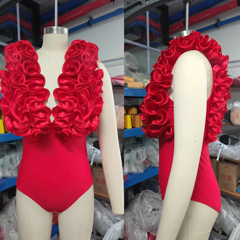 Maillot de bain pour femme, ensemble jupe irrégulière en dentelle à col en V_voghion.com