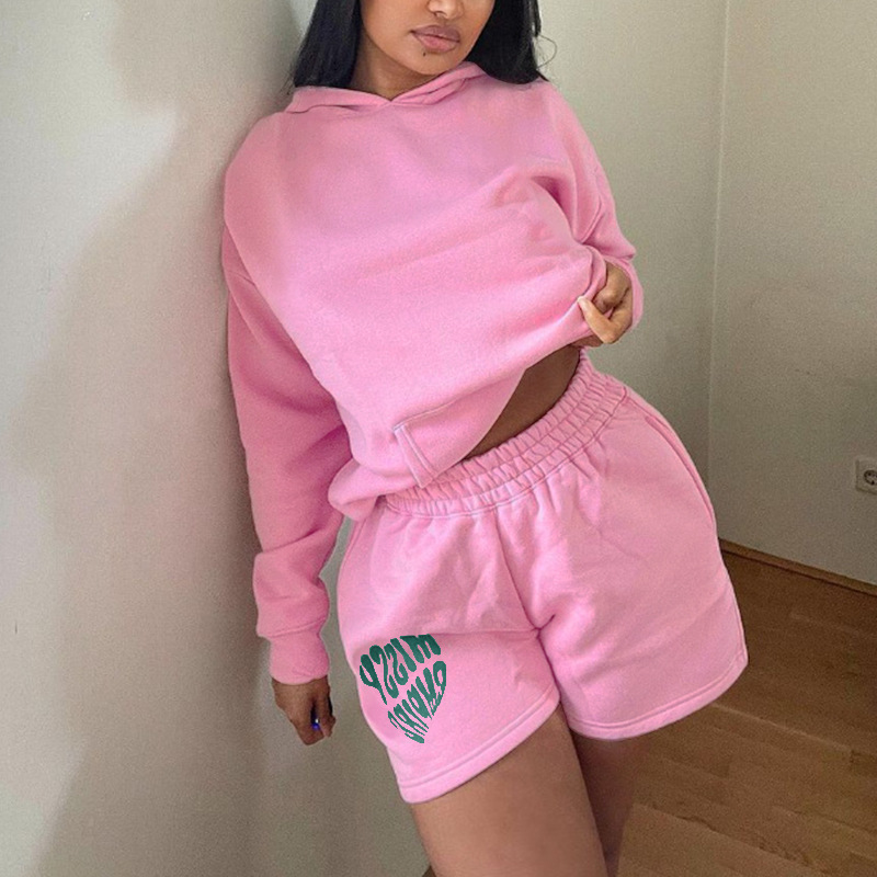 Damenbekleidung neuer Sweatshirt-Shorts-Anzug modischer Sport-LOGO Langarmpullover mit Kapuze Sweatshirt zweiteilig_voghion.com