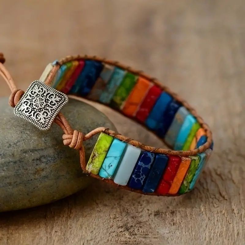 Bohemian Beaded Bracelet For Men And Women, Handmade Leather Wrap Bracelet With Gemstone Beads, Adjustable Unisex Wristband For Everyday Wear_voghion.com