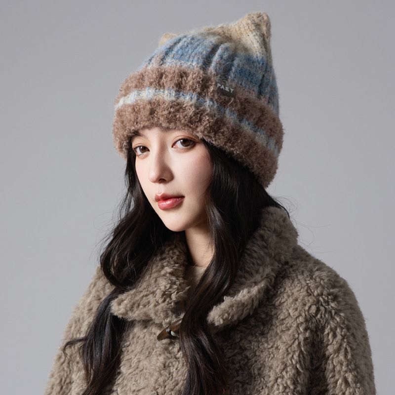 Berretto in lana lavorato a maglia con orecchie di gatto in stile coreano per donna, autunno e inverno, con ampia circonferenza della testa, resistente al freddo all'aperto_voghion.com