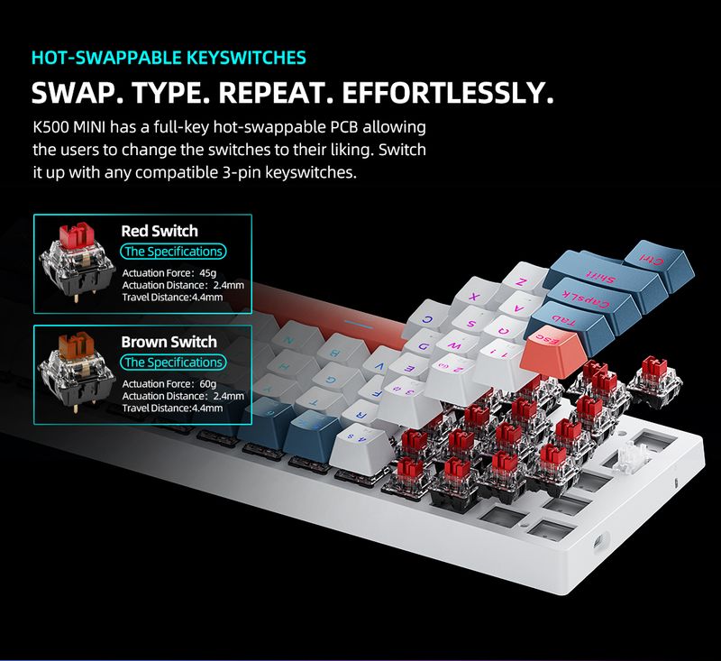 he K500-B61 Mini Mechanical 60% Form Factor 61Keys Gaming Keyboard Wired Full Key Hot-Swappable RGB Backlit_voghion.com