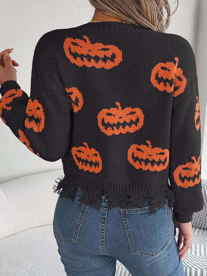 Autumn Winter Halloween Color-Block Pumpkin Cut Long Sleeve Pullover Sweater Women's Fashion_voghion.com