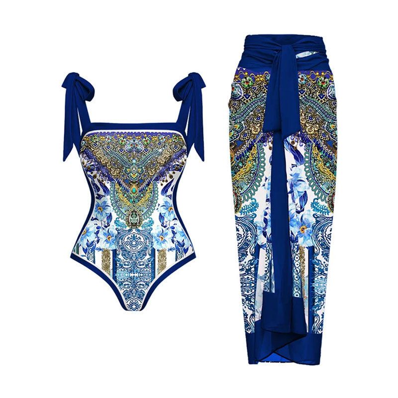 Damenbekleidung Retro Bedruckter Badeanzug Konservativer Einteiler Chiffonbluse Zweiteiliger Badeanzug_voghion.com