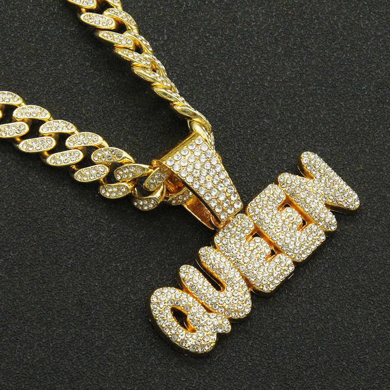 Colar com pingente de letra Queen, estilo Hip Hop, masculino, com corrente cubana Miami de 13 mm, colares com pingente de Hip Hop, joias da moda feminina_voghion.com