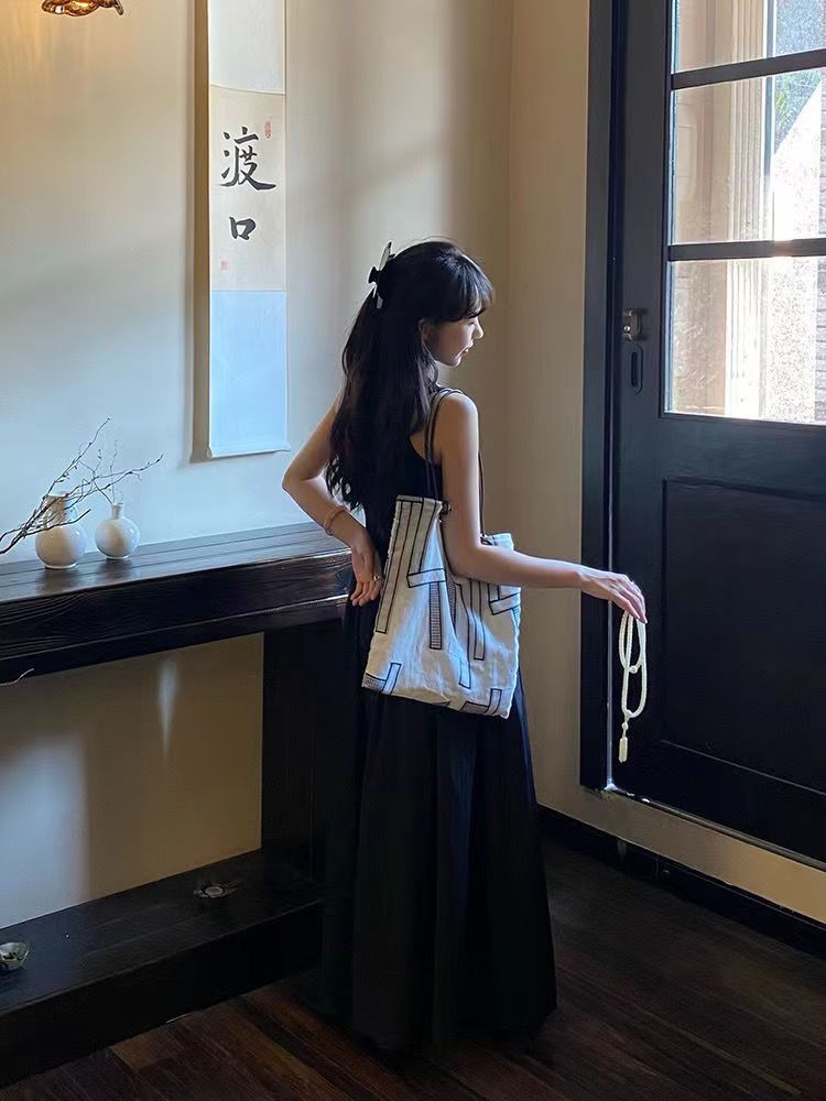 Nova bolsa estilo chinês casual vestido longo combinado com bolsa de cetim zen, corda de couro de vaca, bolsa de ombro estilo preguiçoso de linho de algodão puro_voghion.com