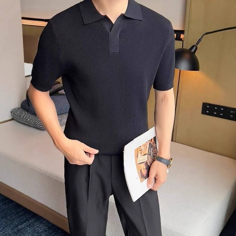 Men's Clothing Summer Short Sleeved Breathable Solid Color Knitted T Shirt High End Slim Fit Lapel Casual T Shirt_voghion.com