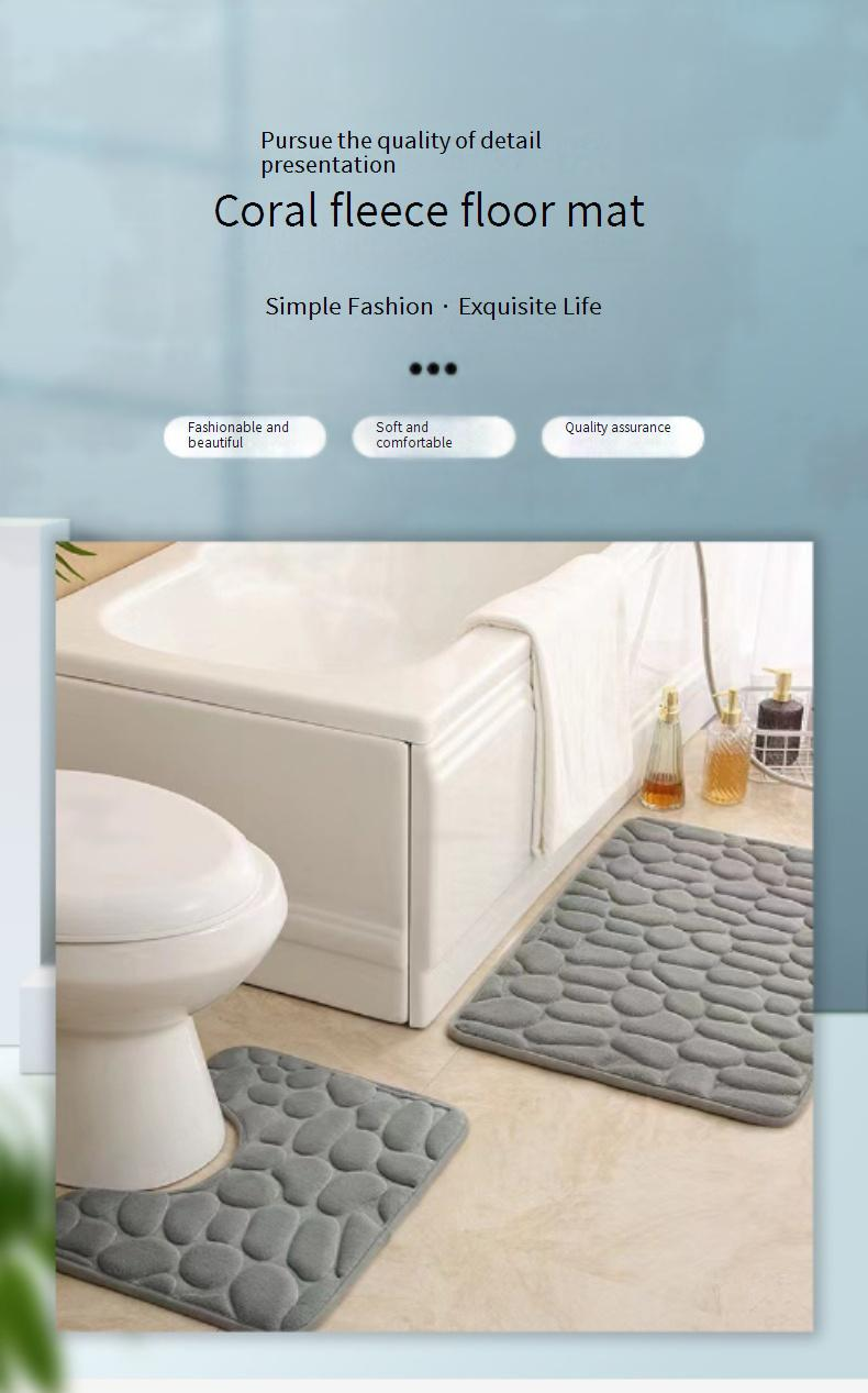 Pebble-Pattern Bathroom Mat Set - U-Shaped Toilet Rug With 3-Piece Non-Slip Coral Fleece Mats (Fast Absorbing Easy Clean Waterproof 24"X16")_voghion.com