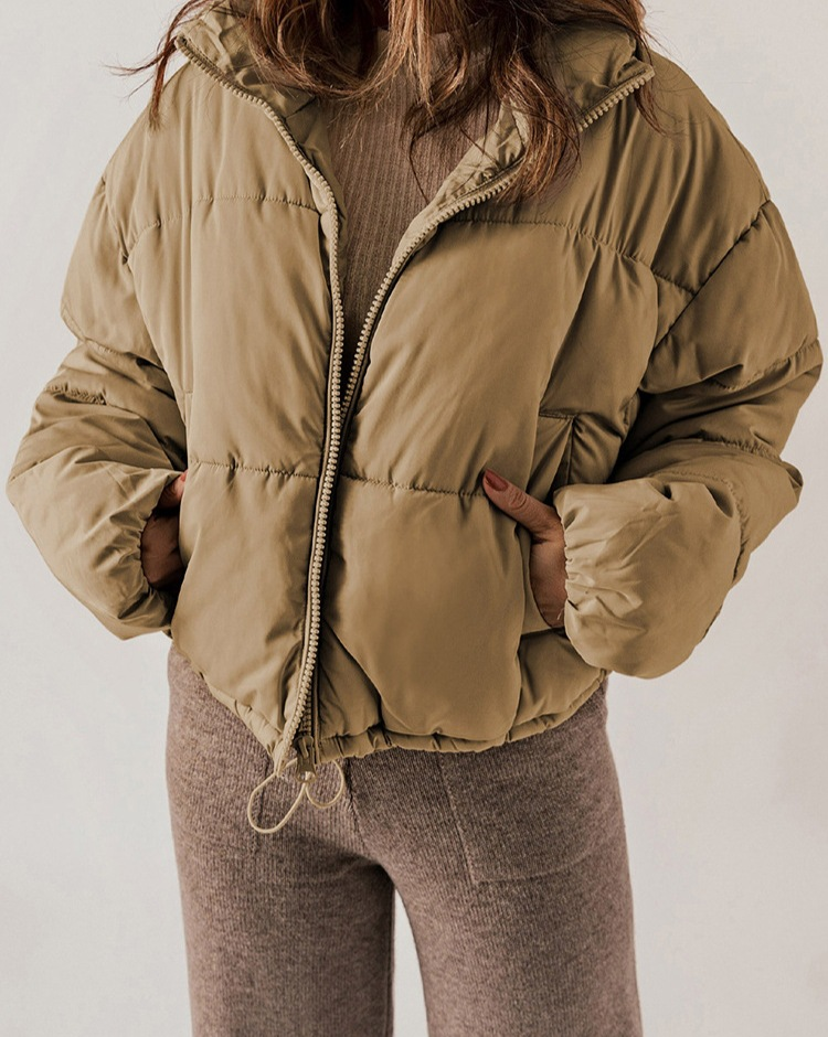 Women's Winter Fashion Coat - European Style Casual Jacket With Pockets, Warm Polyester Filling, Classic Stand Collar, Streetwear Outerwear_voghion.com