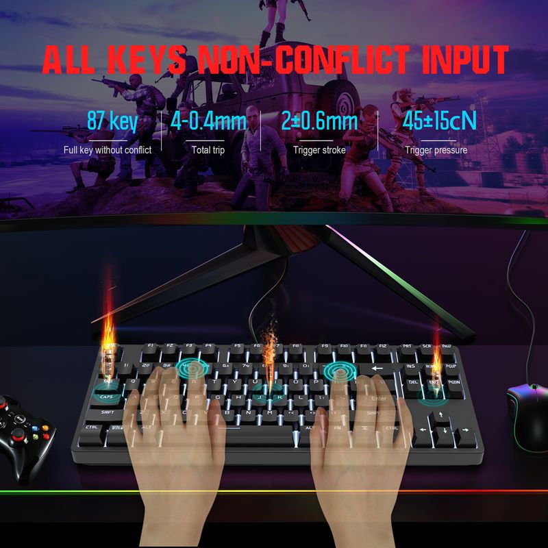 Teclado mecânico Red Axis com fio de 87 teclas para eSports e escritório, com mais de 20 tipos de teclados para jogos com ponto de luz branca que podem ser desconectados e conectados._voghion.com