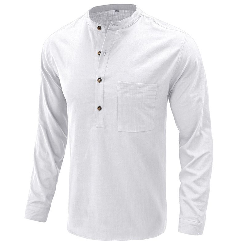 Unschlagbare Qualität 2025 Herbst/Winter Baumwolle Langarm Henry Neck Top Lose Herren Leinenhemd_voghion.com