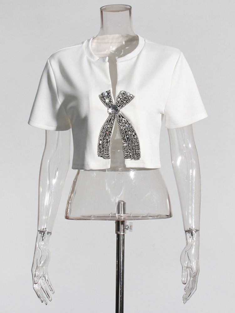 hot selling VGH Solid Patchwork Diamonds Split Shirt For Women Round Neck Short Sleeve Slimming Minimalist T Shirts Female Fashion_voghion.com