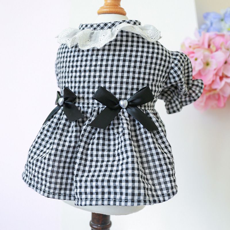 Pet Circle Dog Clothing Cat Clothes Bowknot Lace Collar Edge Black And White Plaid Princess Heart Pearl Dress_voghion.com