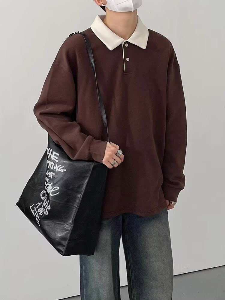 Men’s Retro Color-Block Polo Sweatshirt – Long Sleeve, Loose Fit, Embroidered Collar, Fall Casual (M-3XL, Brown Stripe)_voghion.com