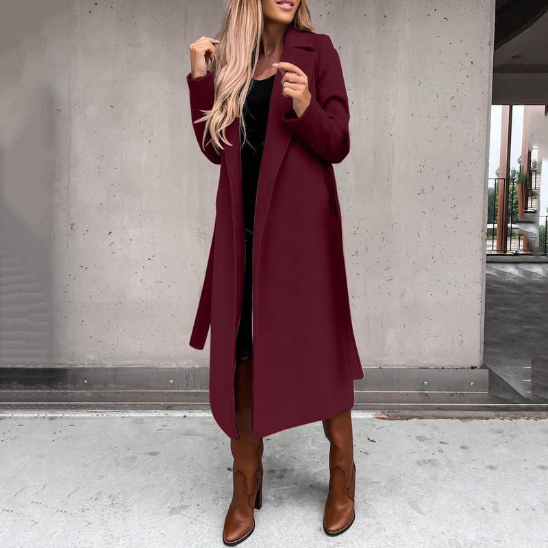 Autumn and winter women's solid color lapel long-sleeved woolen jacket simple strappy windbreaker_voghion.com