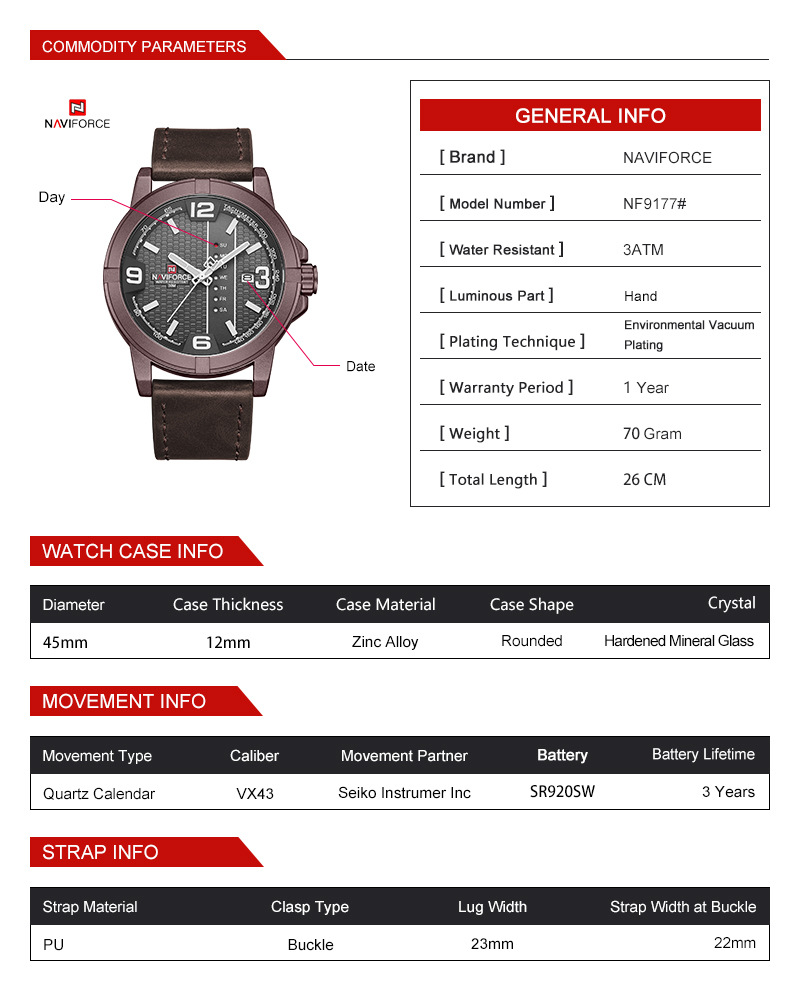 NAVIFORCE/Lingxiang 9177 Waterproof Quartz PU with Calendar Men's Business Watch_voghion.com