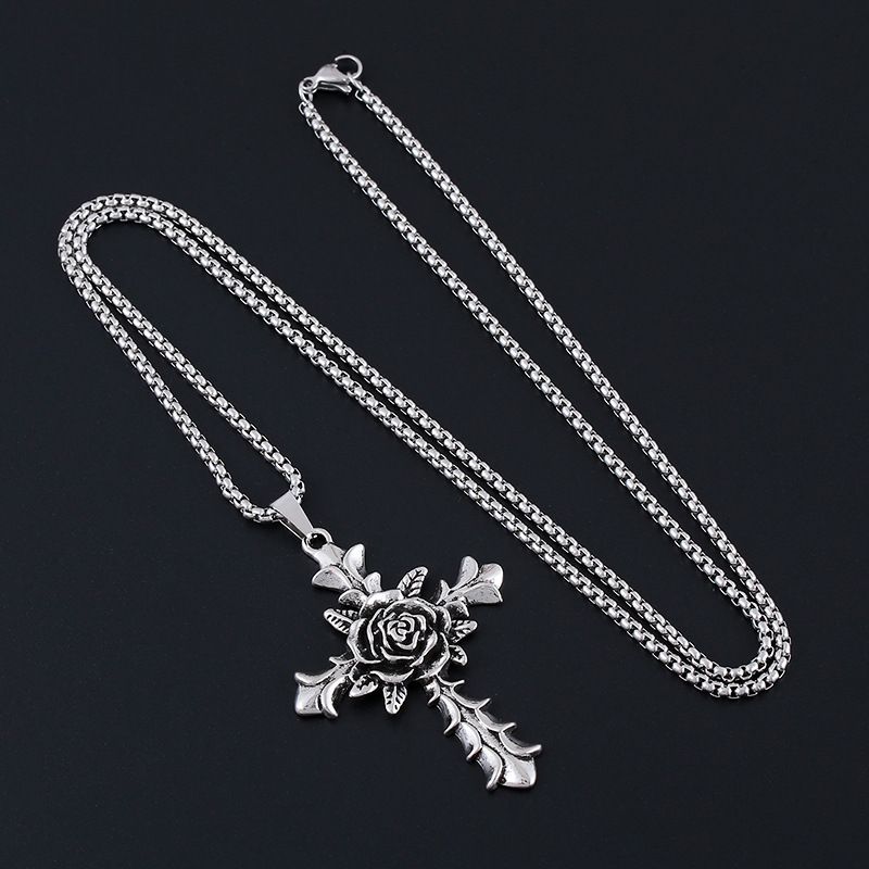 Nuova collana lunga con croce e fiore di rosa per uomo, ciondolo alla moda hip hop, versatile catena per maglione_voghion.com