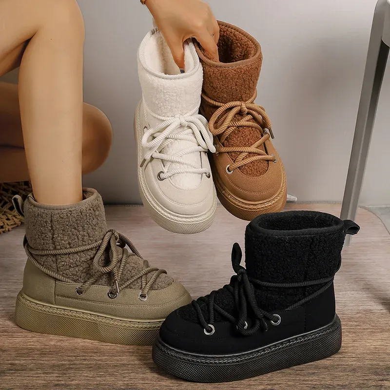 Scarpe da sci invernali da donna in pelle scamosciata con lacci, calde e imbottite, per il tempo libero, in lana sintetica, con plateau, 2024_voghion.com