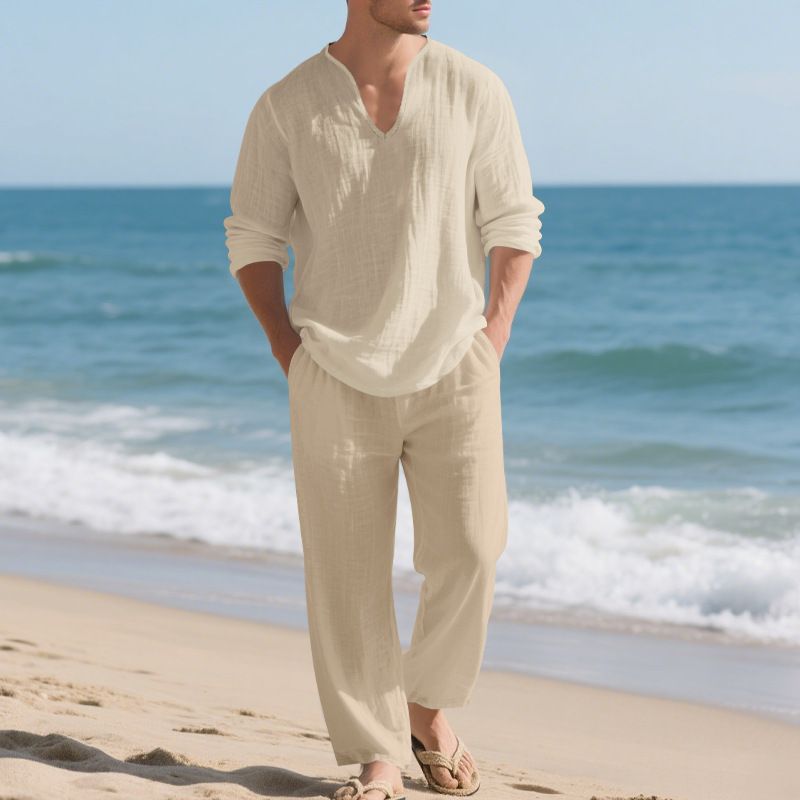 Pantaloni da uomo a maniche lunghe in lino casual americano con scollo a V, modello autunnali e larghi, da spiaggia, da uomo_voghion.com