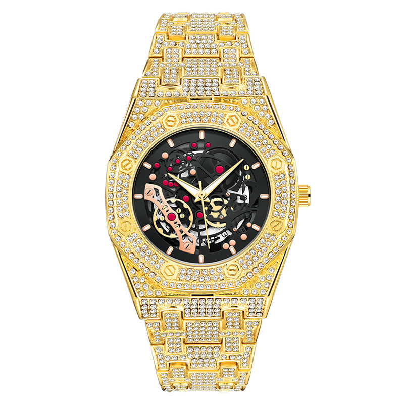 Relógio masculino de hip hop com detalhes em diamante - Pulseira de liga, função de calendário, movimento de quartzo - Acessório estiloso e moderno para homens_voghion.com