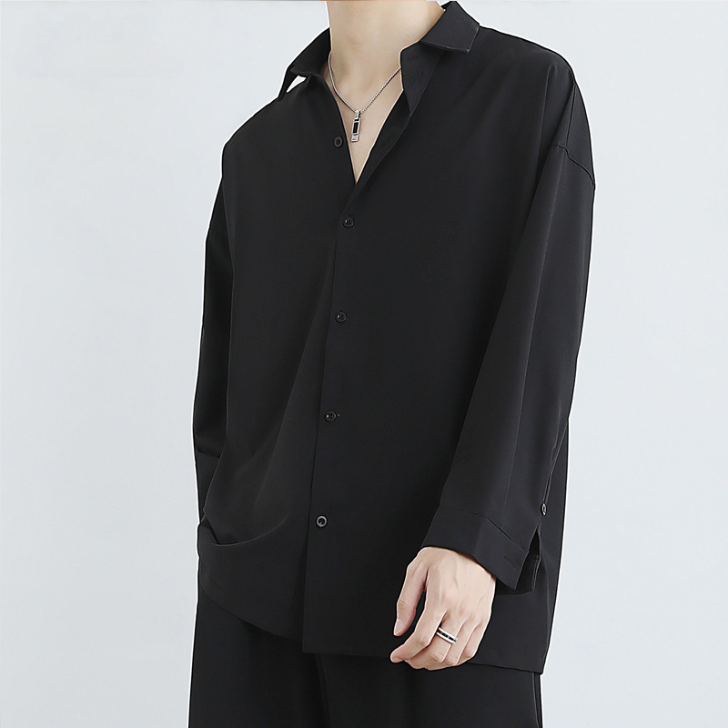 Camicia nera con drappeggio in seta ghiaccio allentata, giacca da uomo dk autunnale alla moda e bella a maniche lunghe da uomo, camicia bianca casual da uomo_voghion.com