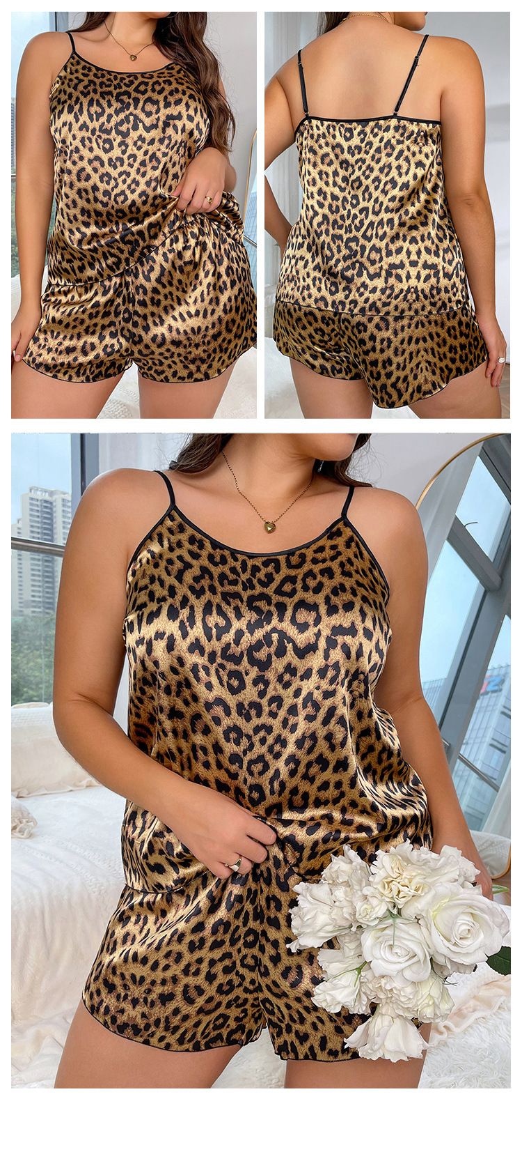 Kadın Pijamaları İlkbahar Ve Yaz Yeni Askılı Şort Takımı Kadın Buz İpek Ev Giysileri Seksi Leopar Desenli Simüle İpek Pijamalar_voghion.com