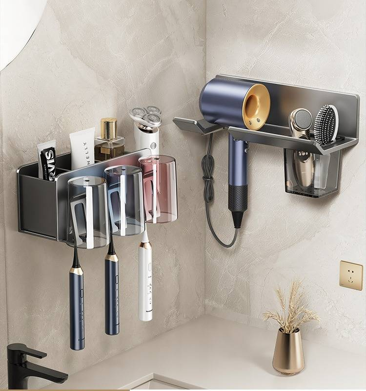 Gun Grey Wall-Mounted Toothbrush Holder With Detachable Toothpaste Squeezer & Matching Cups - Space-Saving Bathroom Organizer For Family Of 2/3/4_voghion.com