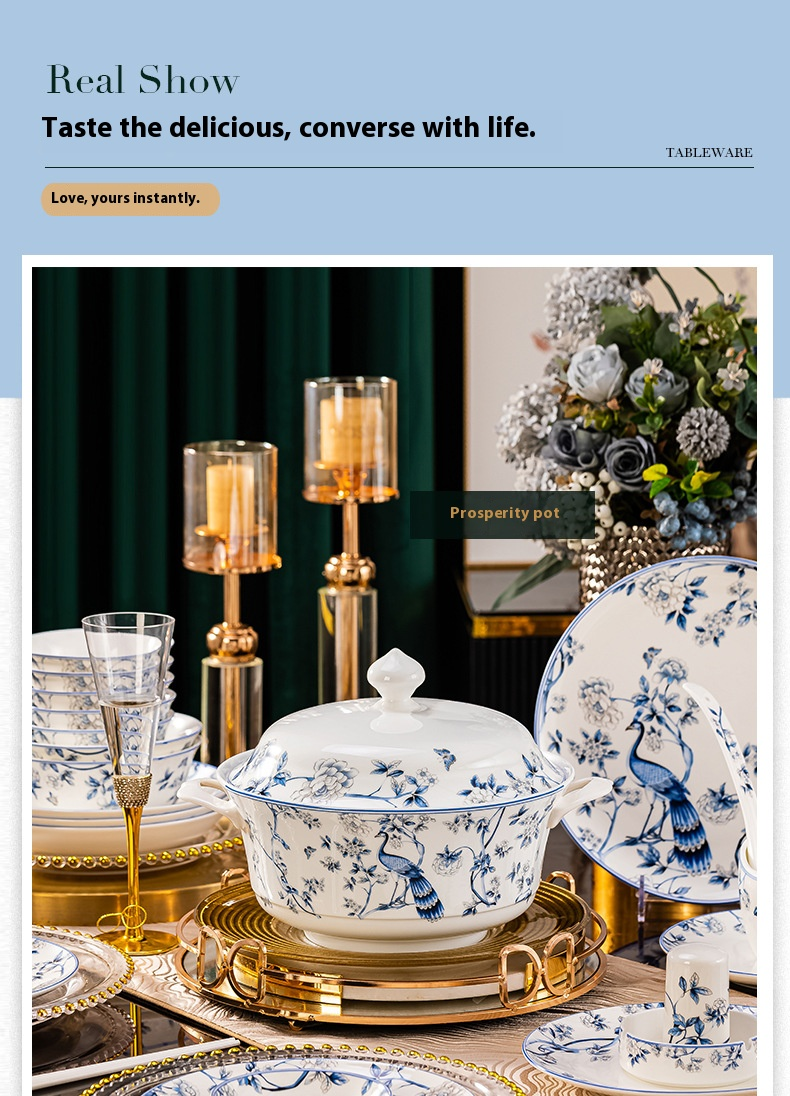 Service de table en porcelaine Blue Peacock – Vaisselle chinoise peinte à la main, 56 pièces, compatible micro-ondes et lave-vaisselle, cadeau élégant_voghion.com