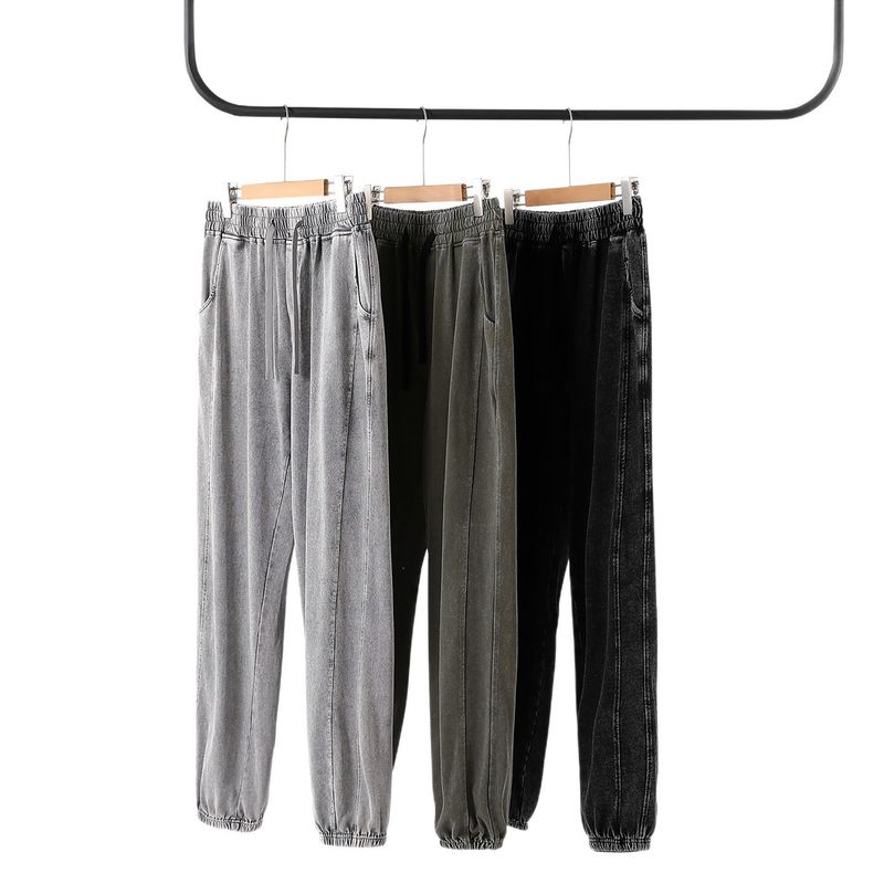 Pantalon de survêtement délavé épais pour homme – 300 g/m² en pur coton, style rétro vieilli, coupe ample avec ourlet à revers (L-XXXXL, noir/gris/vert armée)_voghion.com