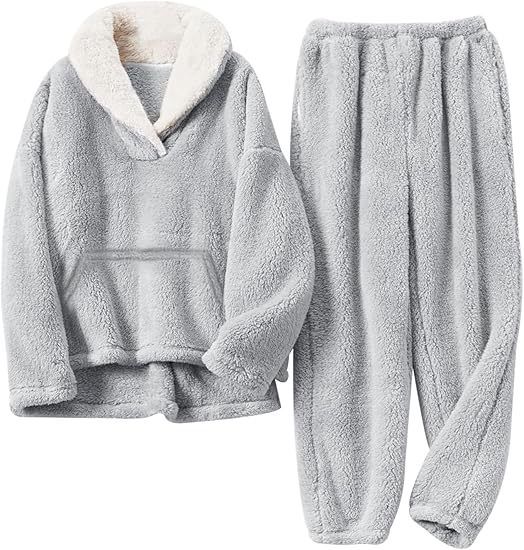 Women's Cozy Fleece Pajama Set With Kangaroo Pocket - Winter Warm Sleepwear & Loungewear For Home, Soft And Comfortable, Plus Size Available_voghion.com
