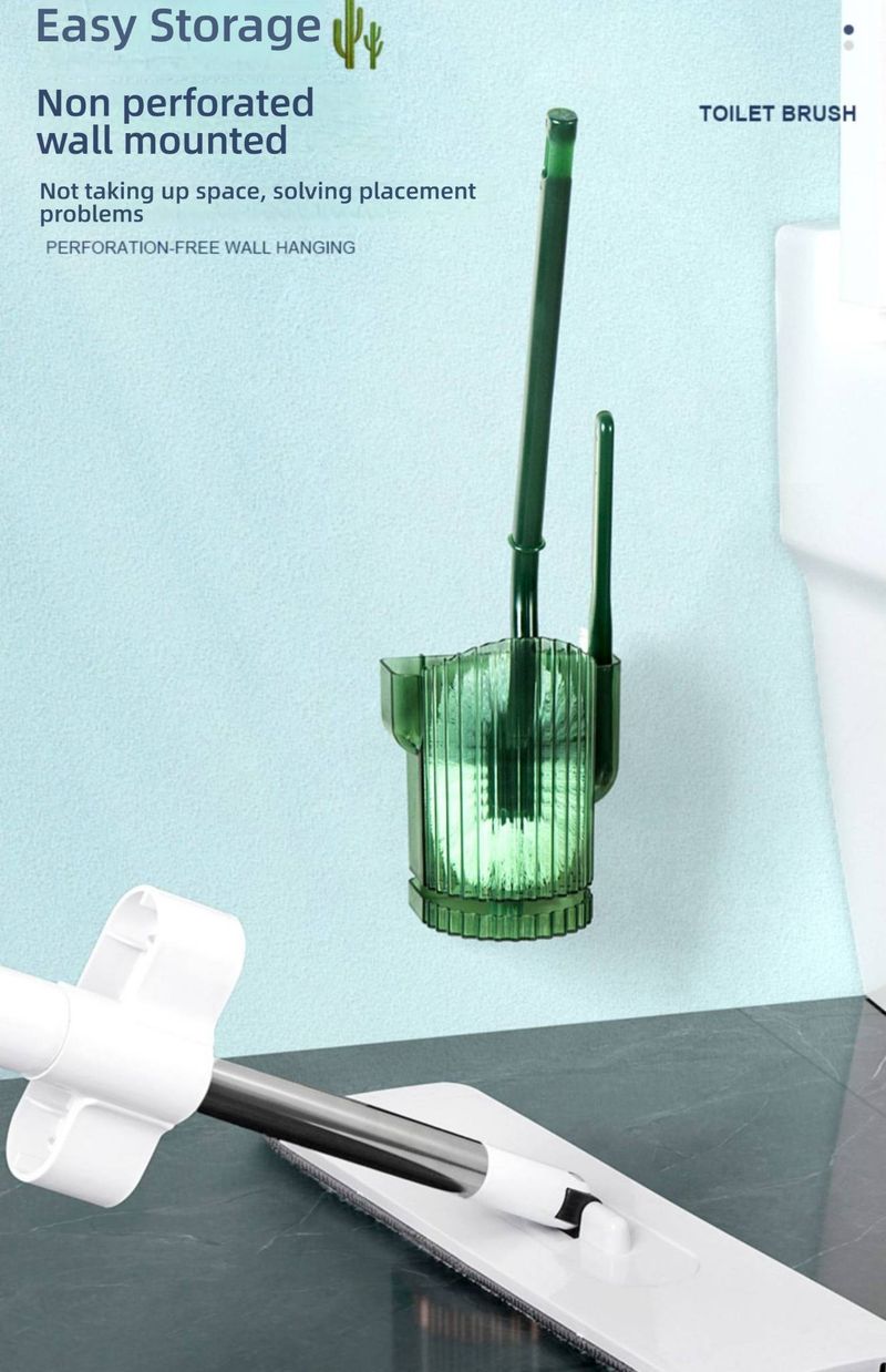 Cactus Toilet Brush Set With Wall-Mount Holder, Long Handle Deep Cleaning, Space-Saving Bathroom Organizer (Ocean Blue/Spruce Green)_voghion.com