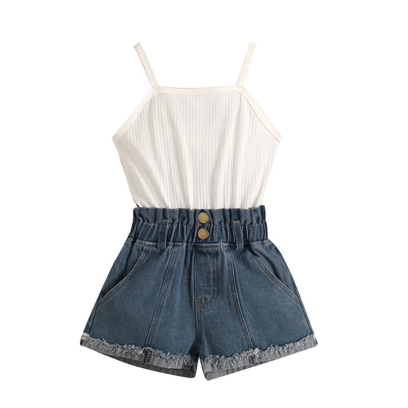 Mono de niña Mother & Kids con shorts vaqueros lavados y punto acanalado de algodón - Conjunto informal de primavera/verano (90-130 cm, blanco/rosa)_voghion.com