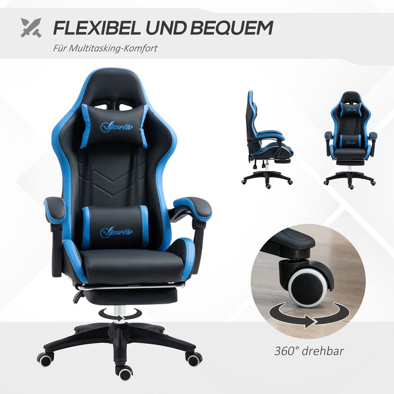 Chaise de jeu Vinsetto avec coussin lombaire et appui-tête, accoudoirs et hauteur réglables, inclinable jusqu'à 120 kg, bleu et noir_voghion.com