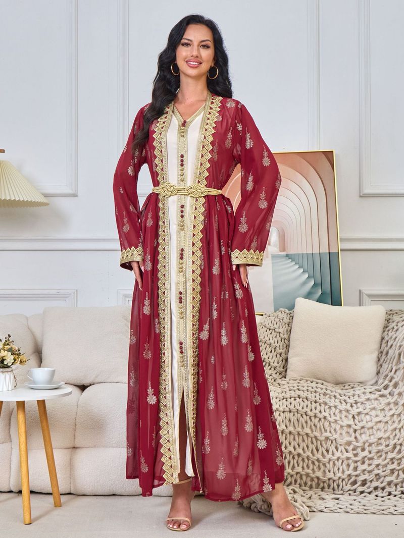 K Damenkleid, lange Robe, bestickte Strickjacke, Weste, zweiteiliges Kleid;_voghion.com